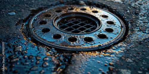 Closeup hatch of the city sewerage. A metal manhole in the city street. photo