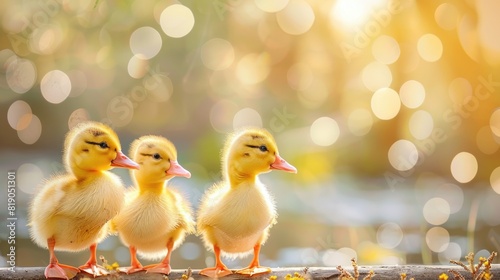 Cute little yellow ducklings on blurred background with bokeh