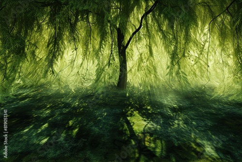 Enchanted Glade  A mystical weeping willow with leaves in varying shades of emerald green  casting long.