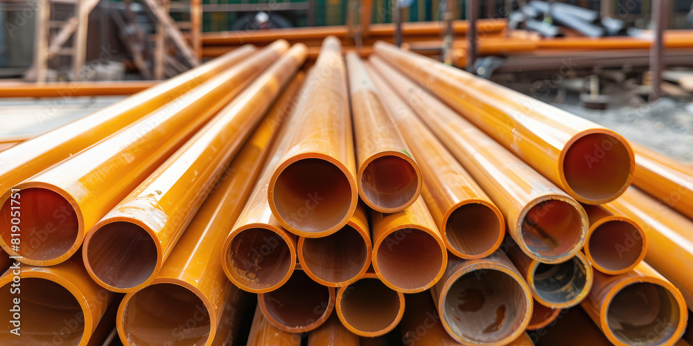 Construction site, heap of PVC tubes for sewerage pipeline. Industrial background, plumbing materials for repair and construction. Construction site, heap of PVC tubes for sewerage pipeline. Industrial background, plumbing materials for repair and construction.