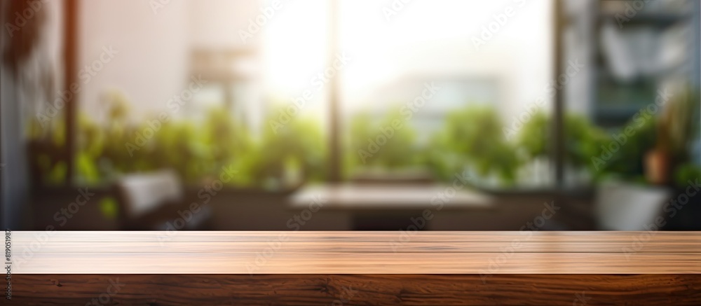 Perspective wood table counter in home office Empty wooden tabletop with blurred workplace background Mock up template for display or montage of your design Banner for advertise of product Perspective wood table counter in home office Empty wooden tabletop with blurred workplace background Mock up template for display or montage of your design Banner for advertise of product