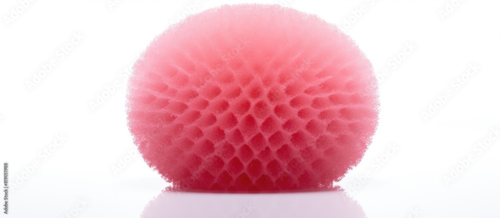 pink mesh shower sponge aka Bath puff Bath Body Scrubber Loofah on white background place for text copy space