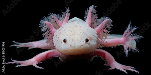 Cute pink albino axolotl - isolated black background