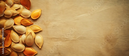 raw peeled pumpkin seeds on textured handmade paper with a copy space photo