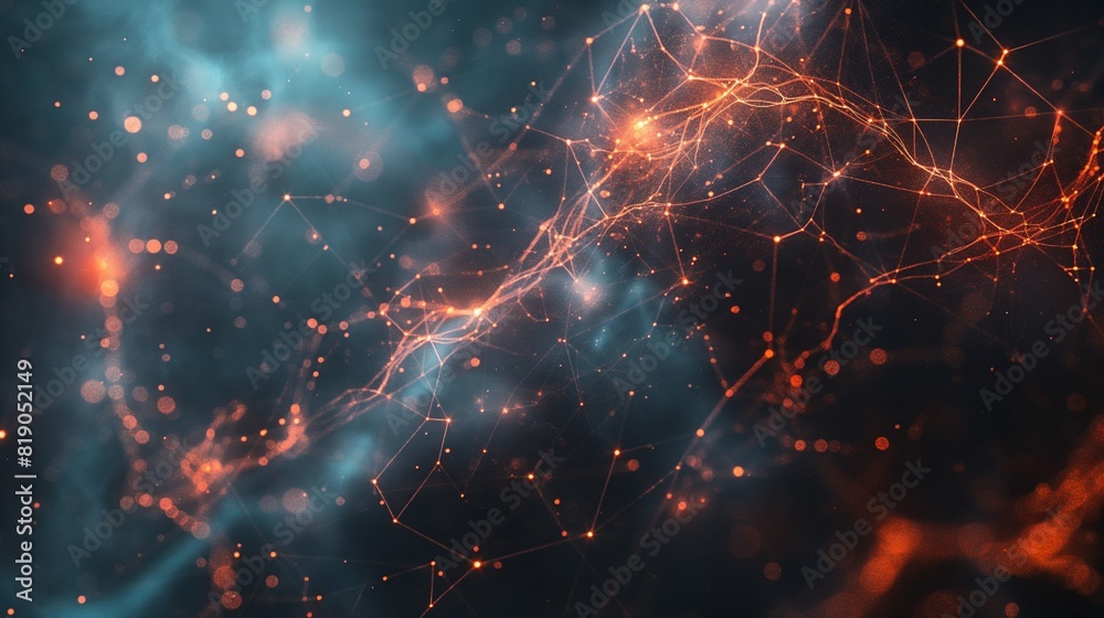 A quantum computing system featuring a cyber network grid and connected particles with an abstract technological backdrop. Global data connections and artificial neurons