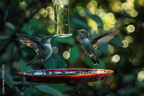 Two hummingbirds feeding at a hanging feeder with a blurred leafy background. Captured in a beautiful natural setting with vibrant colors. photo