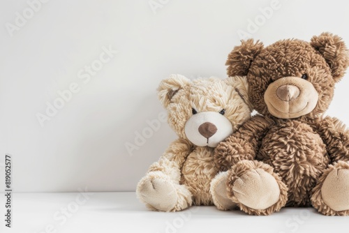  Cute teddy bears on white background with copy space, retro toned