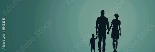 Solid color background (e.g., navy blue, forest green) with a minimalist illustration of a father and child holding hands, representing the bond between them