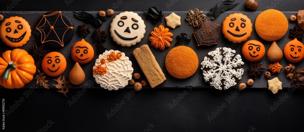 Top view of a design concept for Halloween cookies The ingredients layout for baking the cookies is displayed in a flat lay overhead shot with a blank copy space image Top view of a design concept for Halloween cookies The ingredients layout for baking the cookies is displayed in a flat lay overhead shot with a blank copy space image