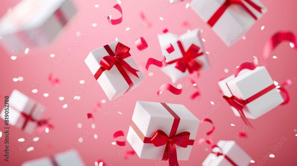 Wallpaper with pink background and white boxes with red bows and ribbon Wallpaper with pink background and white boxes with red bows and ribbon