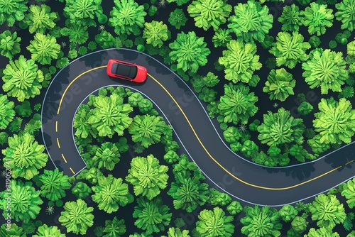 Aerial view of green forest and asphalt road, Top view forest road going through forest with car, Vector illustration. photo