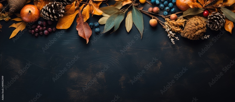Autumn composition of dry leaves and fruits on a dark background Top view Copy space Autumn composition of dry leaves and fruits on a dark background Top view Copy space