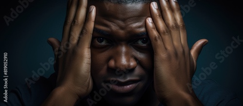 close up of black man with hands covering his ears hear no evil. copy space available