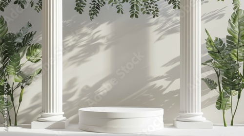 Background podium column 3d roman luxury greek white ancient display product classic. Podium platform background column pillar stage minimal stand beauty design greece render scene plant cosmetic rome photo