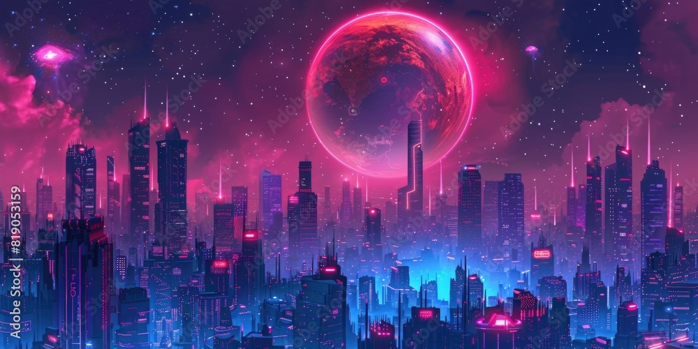 Cyberpunk night city landscape. Planet in the starry sky. Bright neon ultraviolet light
