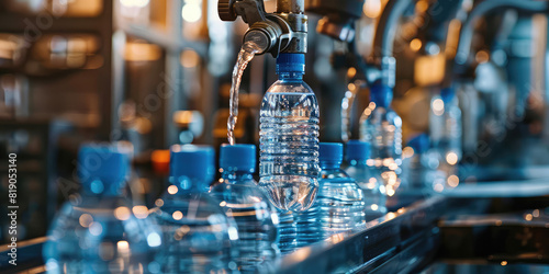 Water poured into a plastic bottle on the factory conveyor. Robotic factory line for processing and bottling of pure spring water into canisters and bottles photo