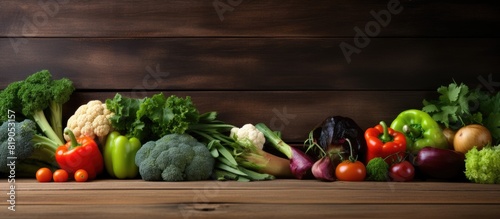 A wooden floor acts as a backdrop for a vibrant assortment of fresh organic green vegetables The image showcases a bountiful arrangement of healthy vegetarian food options inviting viewers to conside