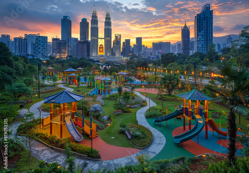 A city skyline and playground at sunset. Modern buildings in the city photo