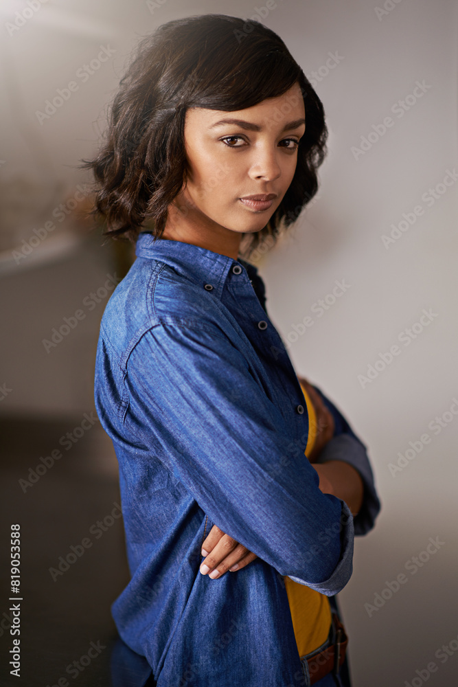 Black woman, relax and portrait in house with arms crossed on weekend with gesture for confidence in morning. Pride, serious and student in apartment for higher education in university in America. Black woman, relax and portrait in house with arms crossed on weekend with gesture for confidence in morning. Pride, serious and student in apartment for higher education in university in America.