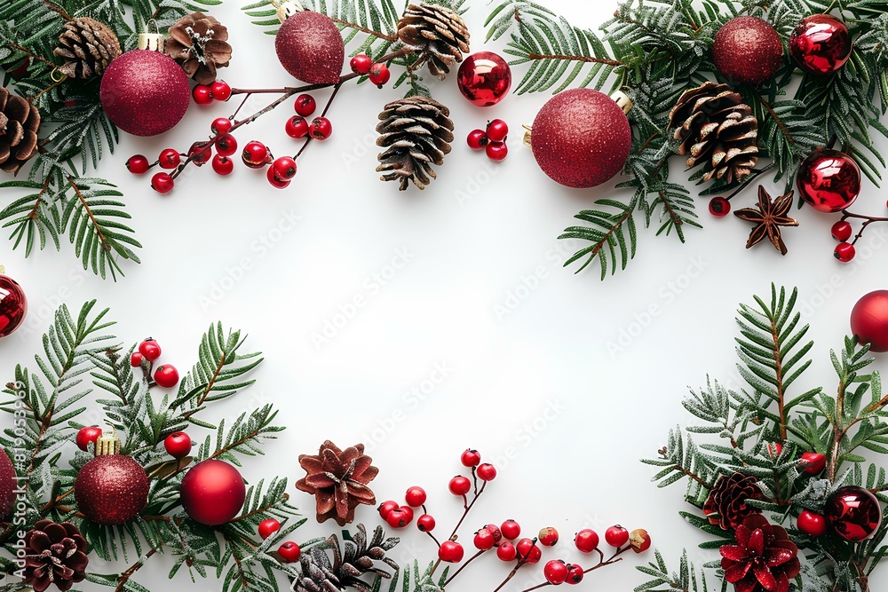 A white table topped with christmas decorations and pine cones