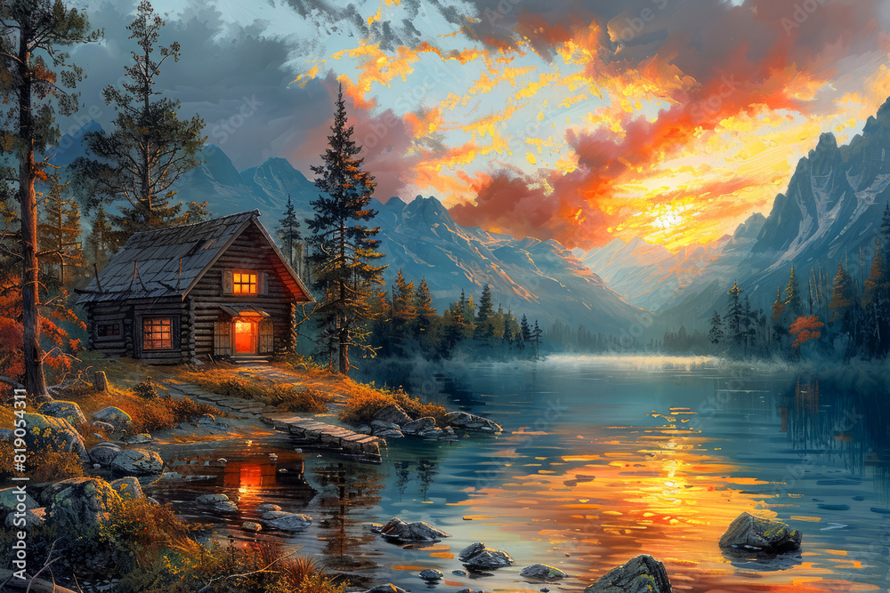 Fototapeta premium Beautiful landscape of a cozy cabin by the lake in an autumn forest with vibrant fall foliage and a stunning sunset sky reflected on the water.