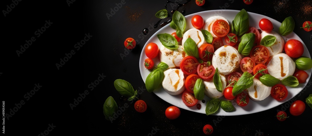 Mozzarella cheese basil and tomato cherry ready for cooking Caprese salad Dark background Top view Copy space Mozzarella cheese basil and tomato cherry ready for cooking Caprese salad Dark background Top view Copy space