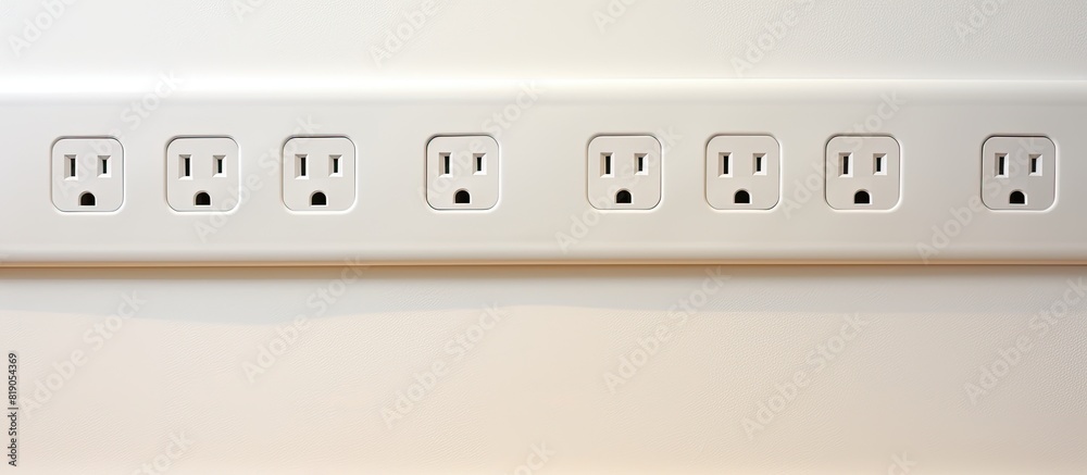 Many power sockets with plug on white wall indoors Space for text. copy space available Many power sockets with plug on white wall indoors Space for text. copy space available