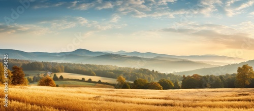 Fototapeta Naklejka Na Ścianę i Meble -  Bieszczady Stills scenery of fields and woods in autumn at sunset copy space outdoors High quality photo