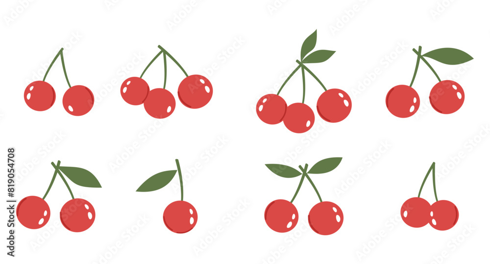 Set of cherry fruit with green leaves isolated on white background vector. Set of cherry fruit with green leaves isolated on white background vector.