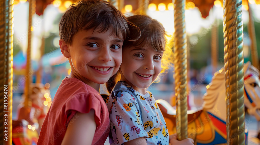 Two smiling children enjoying a ride on a carousel at an amusement park, capturing their joy and excitement amidst the bright and colorful surroundings. Two smiling children enjoying a ride on a carousel at an amusement park, capturing their joy and excitement amidst the bright and colorful surroundings.