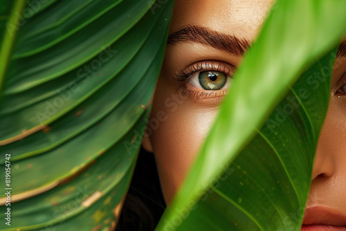 close up of beautiful woman hiding behind large green leaf - skincare beauty photography