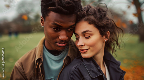 Young interracial couple sharing a tender moment in a park, close-up of their faces showing affection and connection, autumn background © thanakrit
