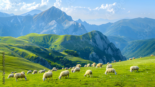 sheep in the mountains,A herd of sheep grazing on a green hillside, Sheep grazing on a lush green hill © Muhammad