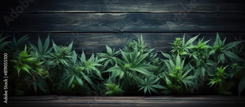 Background of dark wood with cannabis flowers of marijuana weed copy space