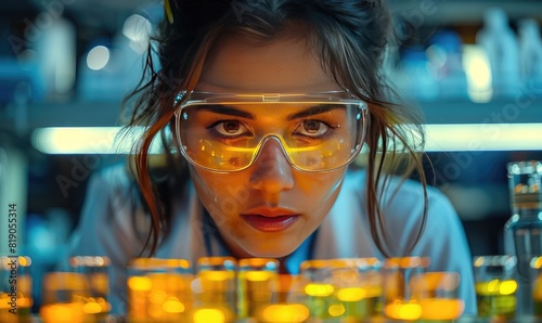 Focused Female Scientist in Lab Coat and Safety Goggles Conducting Experiments in a Laboratory Setting photo