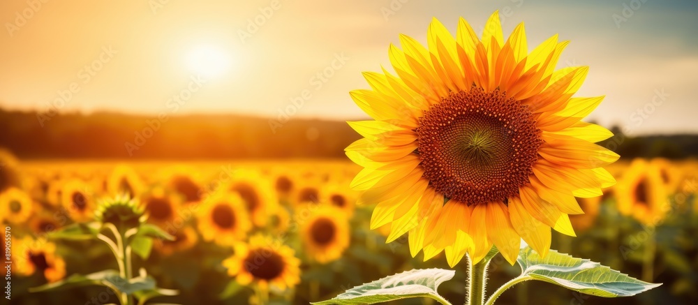 Obraz premium Sunflower is blooming in field. copy space available