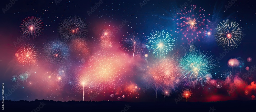 Fototapeta premium Bright background of dynamic lights Firework. copy space available