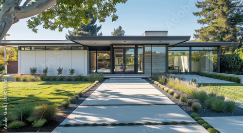 A front view of the exterior of an American mid-century modern home in Livermore, California, with a white and grey color scheme accented with green