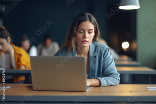 Serious female student sitting at desk and using her laptop computer during lecture at college