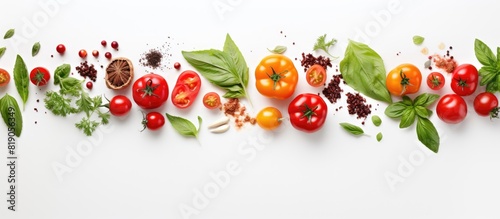 cherry tomatoes and basil tomatoes on a branch red cherry tomatoes with ingredients for cooking salt peppers and green herb on the white background with copy space top view © Gular