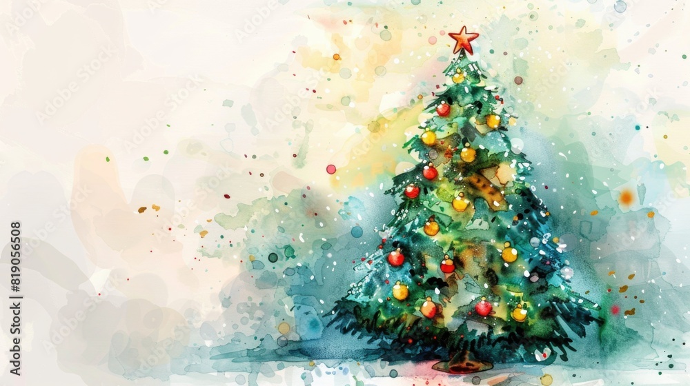 Decorated Christmas tree hand painted watercolor illustration