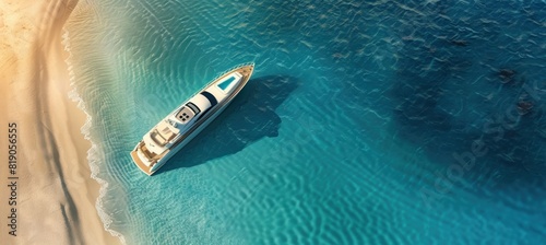 Aerial drone top view ultra wide photo and realistic high resolution 3D illustrationof luxury yacht docked near exotic sandy turquoise beach, vacation concept photo