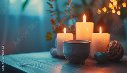 A table with a tea set, candles, and a cup of tea