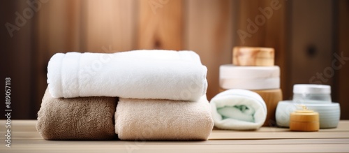 Spa bath towels arranged on a wooden surface with copy space for an image