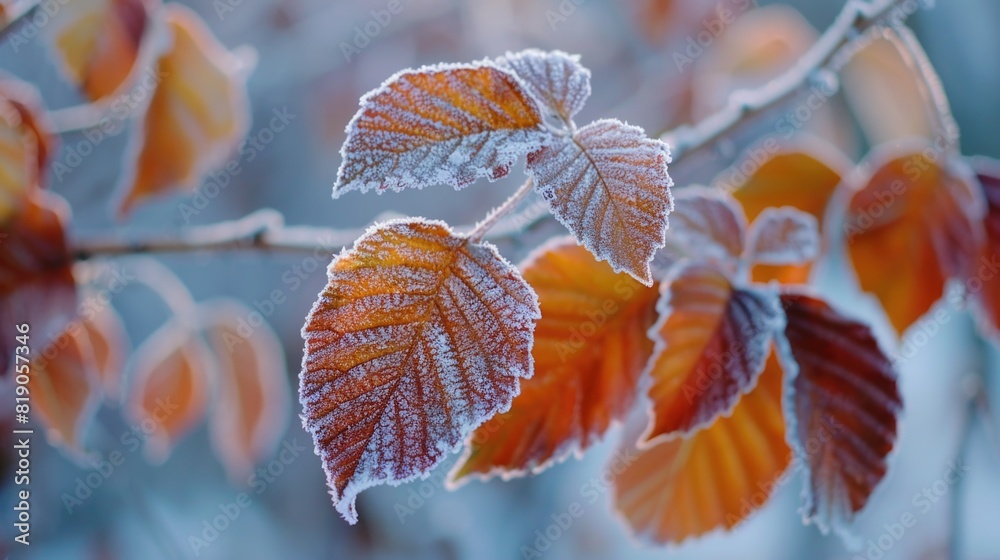 Obraz premium Delicate frost on autumn leaves.