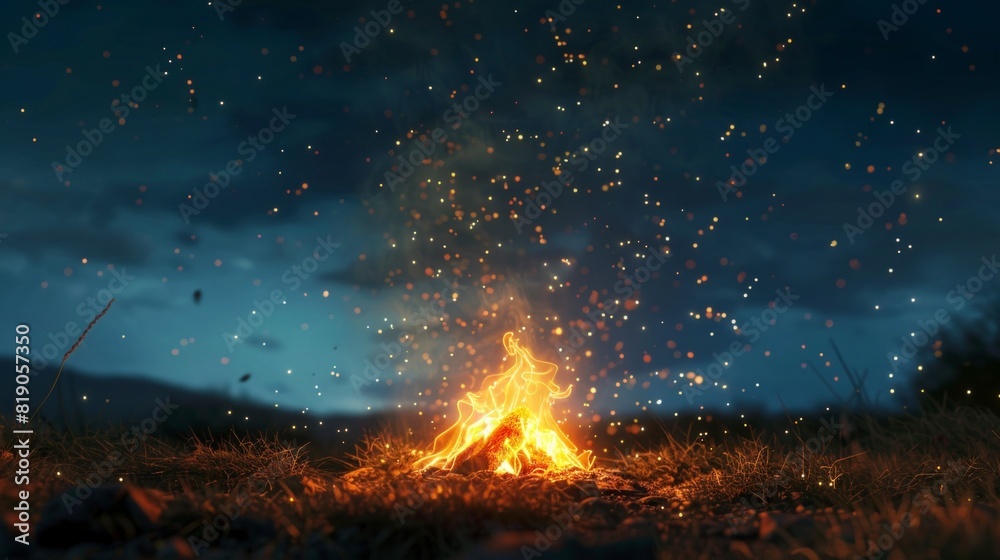 A fire is burning in a field with a dark sky above A fire is burning in a field with a dark sky above