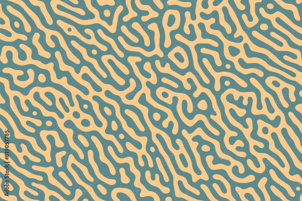 Teal and beige intertwine in a seamless, rounded maze pattern, creating a geometric vector decor piece that's both trendy and fun
