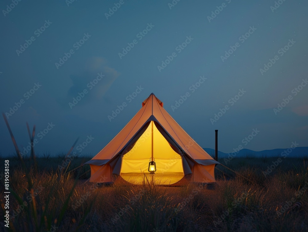 A small, white tent is lit up at night A small, white tent is lit up at night