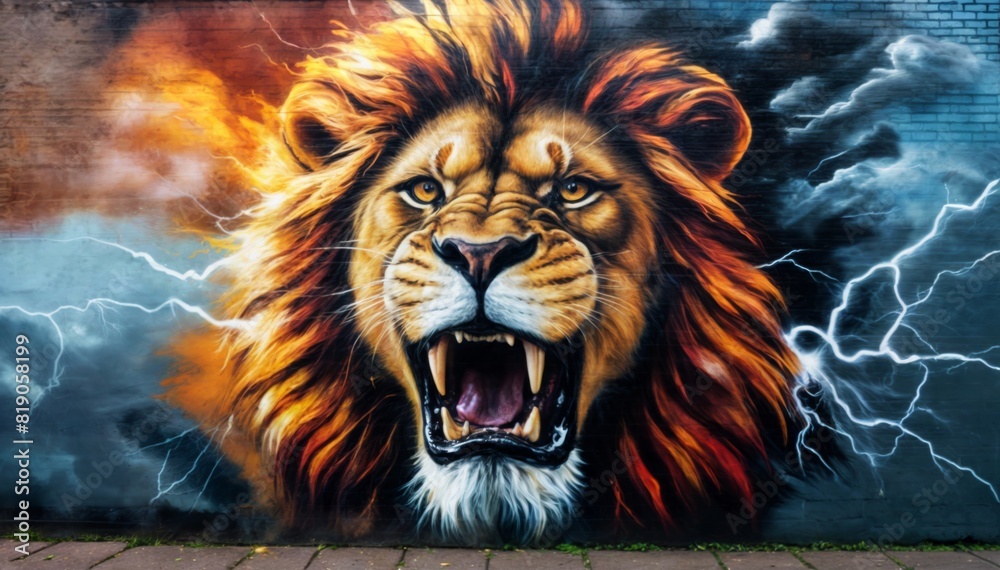 paint roaring tiger on graffiti brick wall