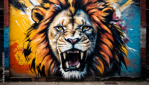 paint roaring tiger on graffiti brick wall photo